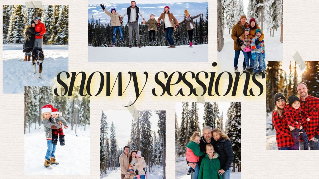 “Family playing together in fresh snowfall during winter session at Big White.” “Candid moment of kids laughing in the snow during a Big White family photo session.” “Snow-covered trees and soft winter light at Big White Mountain in the Okanagan.” “Family snuggling together in winter coats during a Big White photography session.”