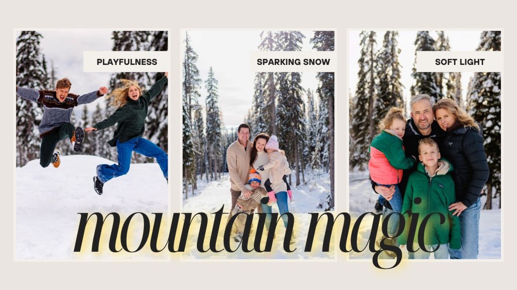 “Big White family photoshoot with snow-dusted trees in the background.” “Siblings playing in the snow during a winter family session at Big White Mountain.”